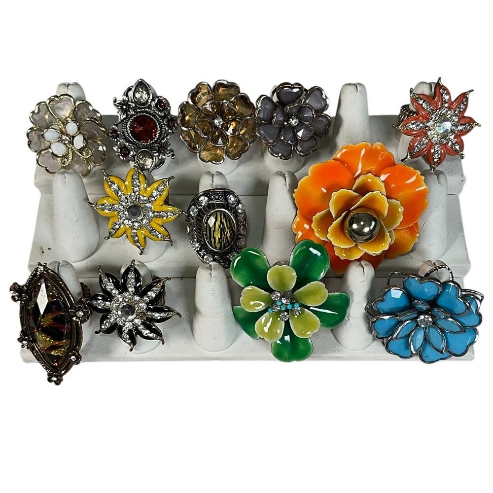 Vintage 90s Y2K Lot 11 Statement Cocktail Rings Floral Enamel Rhinestone Chunky